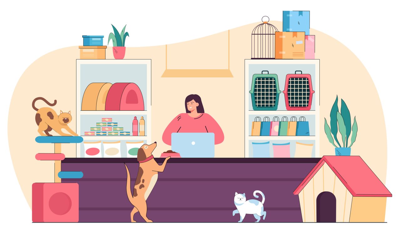 Ilustração de vendedora de pet shop vendendo produtos veterinários para animais