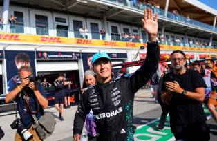 Formula One F1 - Canadian Grand Prix - Circuit Gilles Villeneuve, Montreal, Quebec, Canada - June 14, 2025 Mercedes' George Russell celebrates after qualifying in pole position REUTERS/Mathieu Belanger TPX IMAGES OF THE DAY